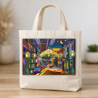 a tote bag with a painting of a city at night